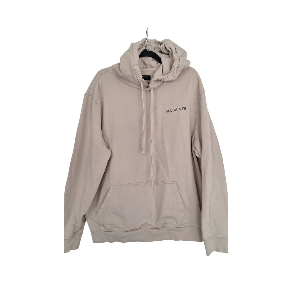 AllSaints Mens Logo Pullover Hoodie Sand Beige Organic Cotton Large
